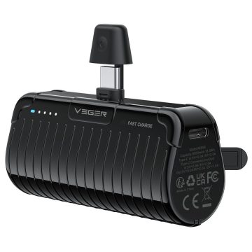   VEGER powerbank 5000 mAh beépített csatlakozóval Type C PlugOn PD QC3.0 3A 20W W0558 fekete