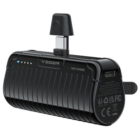 VEGER powerbank 5000 mAh beépített csatlakozóval Type C PlugOn PD QC3.0 3A 20W W0558 fekete