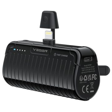   VEGER powerbank 5000 mAh beépített csatlakozóval Lightning PlugOn PD QC3.0 3A 20W W0558P fekete