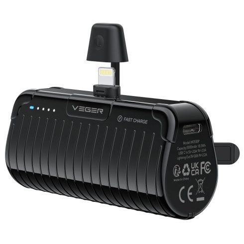 VEGER powerbank 5000 mAh beépített csatlakozóval Lightning PlugOn PD QC3.0 3A 20W W0558P fekete