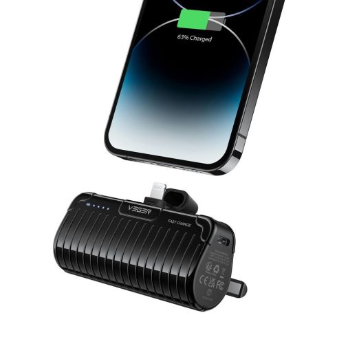 VEGER powerbank 5000 mAh beépített csatlakozóval Lightning PlugOn PD QC3.0 3A 20W W0558P fekete