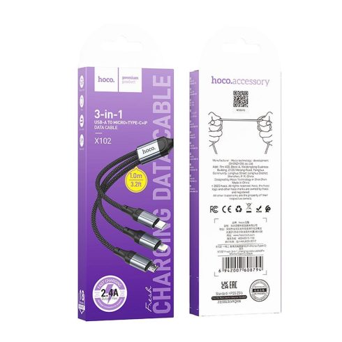 Kábel 3 az 1-ben USB A Lightninghez / Micro USB / USB C Hoco 2,4A 1 m X102 fekete