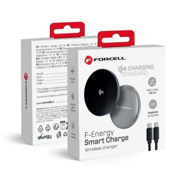   FORCELL F-ENERGY Smart Charge Qi2 15 W vezeték nélküli töltő 150 cm-es levehető kábellel, amely kompatibilis a MagSafe ezüsttel