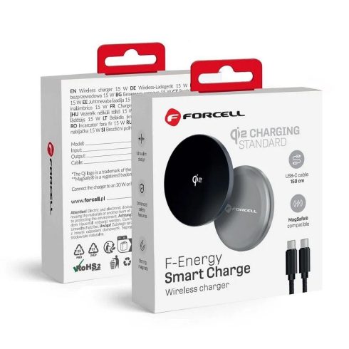 FORCELL F-ENERGY Smart Charge Qi2 15 W vezeték nélküli töltő 150 cm-es levehető kábellel, amely kompatibilis a MagSafe ezüsttel