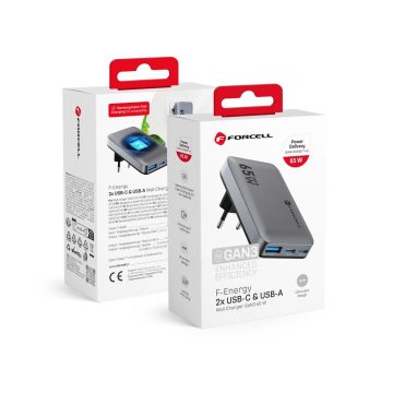   FORCELL F-ENERGY GaN III VT-47 Ultra Slim utazási töltő 2 x Type C + USB A PD QC4.0 4A 65W szürke
