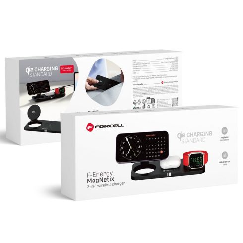 FORCELL F-ENERGY MagNetix 3w1 Qi2 20,5W vezeték nélküli töltő kompatibilis MagSafe fekete