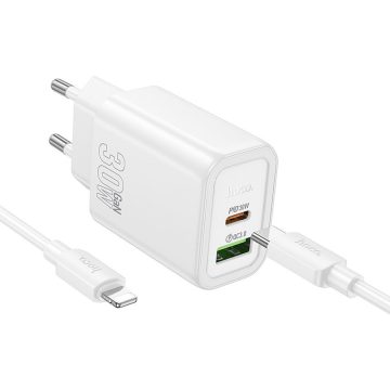   Telefontöltő Hoco USB A + USB C QC3.0 PD 3A 30W + kábel USB C Lightning N63 fehér
