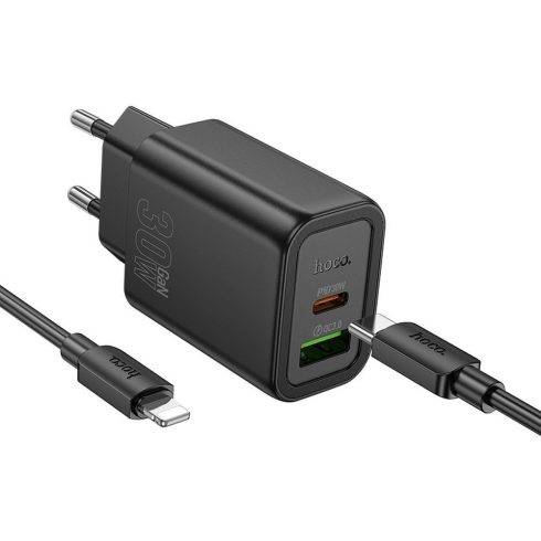 Telefontöltő Hoco USB A + USB C QC3.0 PD 3A 30W + USB C kábel Lightning N63 fekete