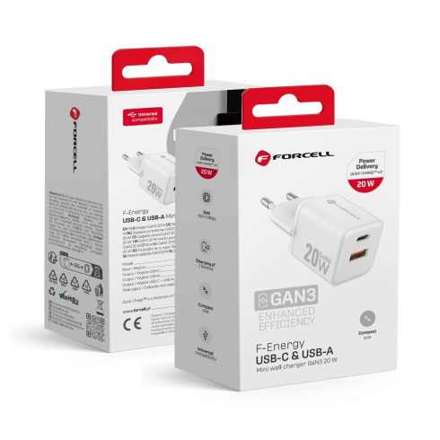 FORCELL F-ENERGY Mini GaN III VT-35A utazási töltő 1 x Type C + 1 x USB A aljzattal, PD QC4.0 20W fehér