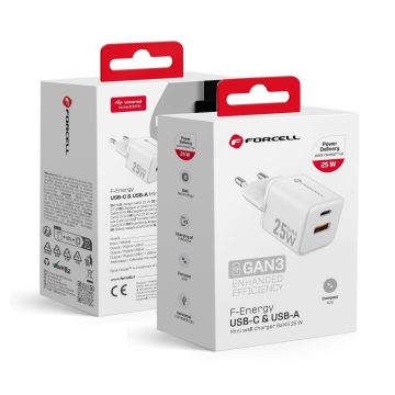   FORCELL F-ENERGY Mini GaN III VT-25B utazási töltő 1 x Type C + 1 x USB A aljzattal, PD QC4.0 25W fehér
