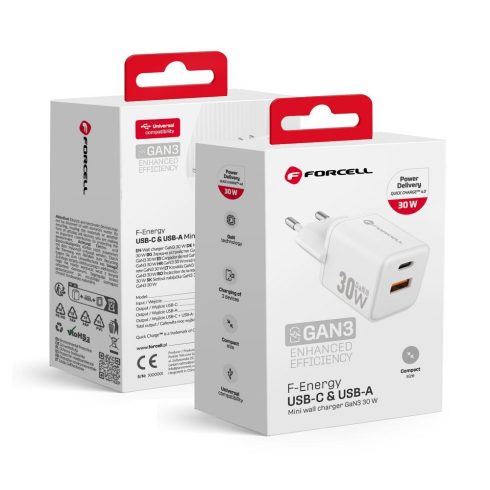 FORCELL F-ENERGY Mini GaN III VT-35 utazási töltő 1 x Type C + 1 x USB A aljzattal, PD QC4.0 30W fehér