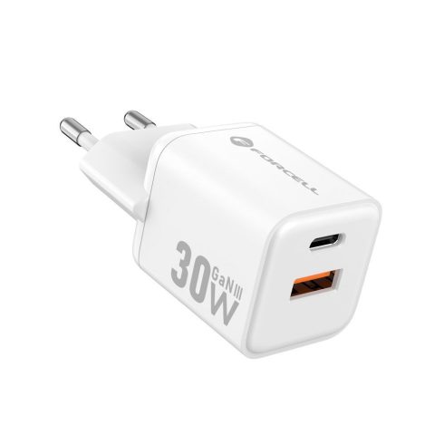 FORCELL F-ENERGY Mini GaN III VT-35 utazási töltő 1 x Type C + 1 x USB A aljzattal, PD QC4.0 30W fehér