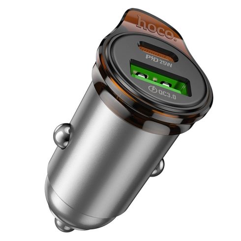 Autós töltő Hoco USB A + USB C PD QC3.0 43W NZ16A fémszürke