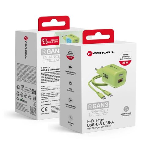 FORCELL F-ENERGY Crystal Color GaN III VT-41 utazási töltő szilikon kábellel 1 x Type C + 1 x USB A aljzattal, PD QC4.0 33W zöld