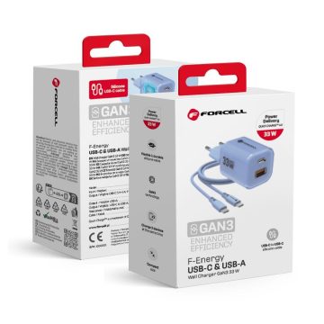   FORCELL F-ENERGY Crystal Color GaN III VT-41 utazási töltő szilikon kábellel 1 x Type C + 1 x USB A aljzattal, PD QC4.0 33W kék