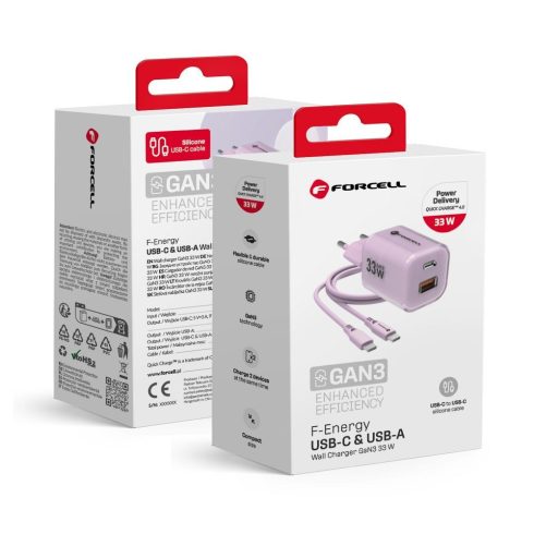 FORCELL F-ENERGY Crystal Color GaN III VT-41 utazási töltő szilikon kábellel 1 x Type C + 1 x USB A aljzattal, PD QC4.0 33W lila