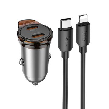  Autós töltő Hoco 2 x USB C QC PD 45W + USB C kábel Lightning NZ16B fémszürke