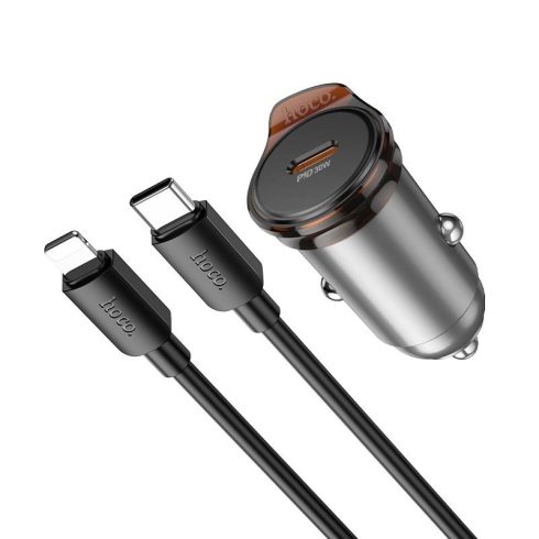 Autós töltő Hoco USB C QC PD 30W + USB C kábel Lightning NZ16 fémszürke