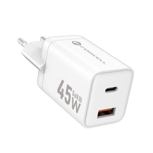 FORCELL F-ENERGY Mini GaN III VT-36 utazási töltő 1 x Type C + 1 x USB A aljzattal, PD QC4.0 45W fehér