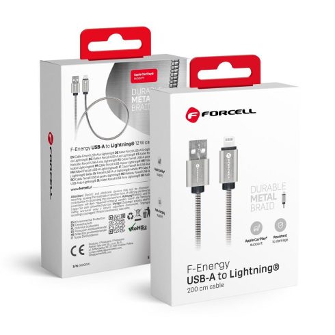 USB A kábel Lightning Forcell F-Energy 2,4A 12W fém 2 m C236 ezüsthöz