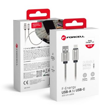   Kábel USB A – USB C Forcell F-Energy QC4.0 3A 66W Fém 2 m C234 ezüst