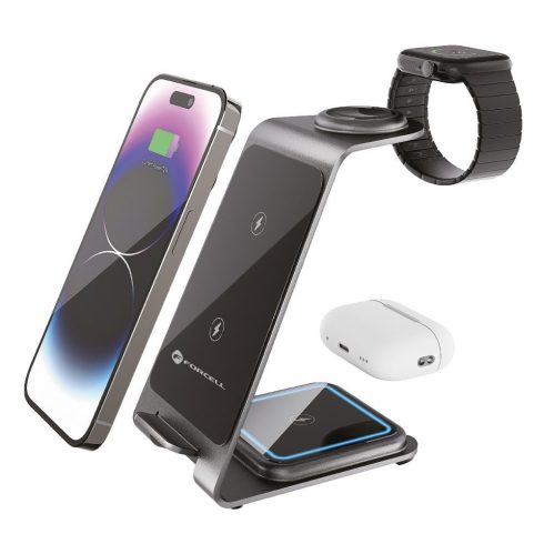 Forcell F-ENERGY Simply Charge 3 az 1-ben alumínium kompatibilis az Apple Watch és a Samsung Watch szürke színnel