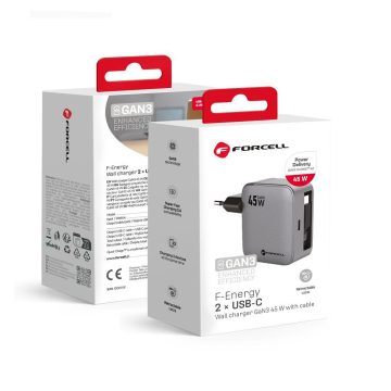   FORCELL F-ENERGY GaN III VT-R5 utazási töltő visszahúzható kábellel C típusú és C típusú töltőporttal PD QC4.0 3A 45W szürke