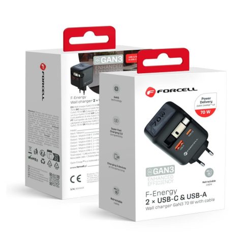 FORCELL F-ENERGY GaN III VT-R7 utazási töltő behúzható kábellel C típusú és 1x Type C, 1x USB A töltőportok PD QC4.0 3A 70W szürke