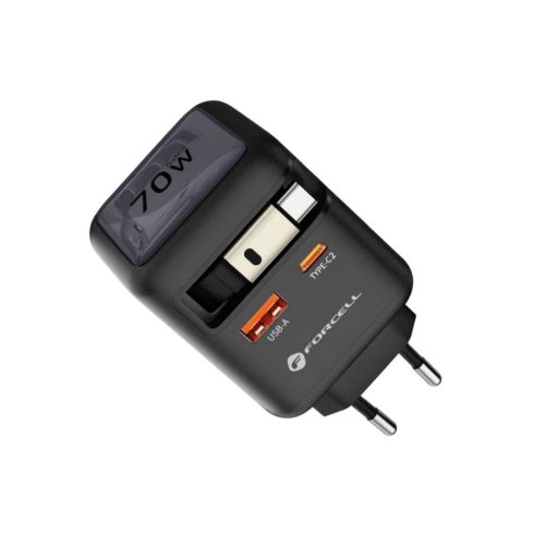 FORCELL F-ENERGY GaN III VT-R7 utazási töltő behúzható kábellel C típusú és 1x Type C, 1x USB A töltőportok PD QC4.0 3A 70W szürke