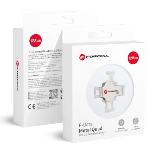FORCELL F-DATA pendrive Metal Quad 128GB USB3.2 Gen 1 (USB A / Type C / Lightning / Micro USB) ezüst