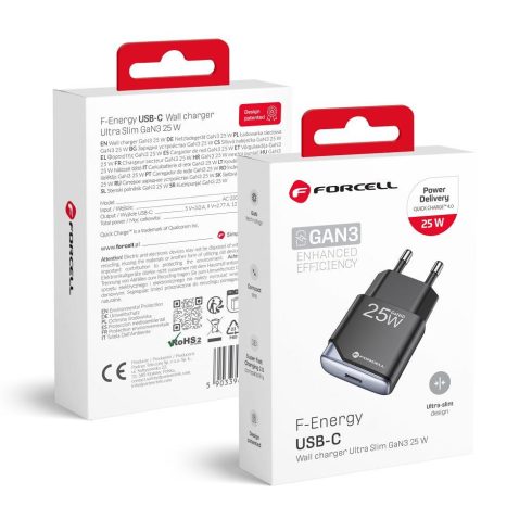 FORCELL F-ENERGY GaN III B125101-E Ultra Slim utazási töltő 1 x Type C + USB A PD QC4.0 3A 25W fekete