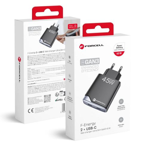 FORCELL F-ENERGY GaN III B245201(2C) Ultra Slim utazási töltő 2 x Type C + USB A PD QC4.0 3A 45W fekete