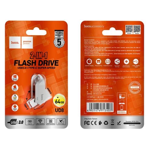 Pendrive 64GB USB 3.0 (USB A + USB C) Hoco UD8 nickel