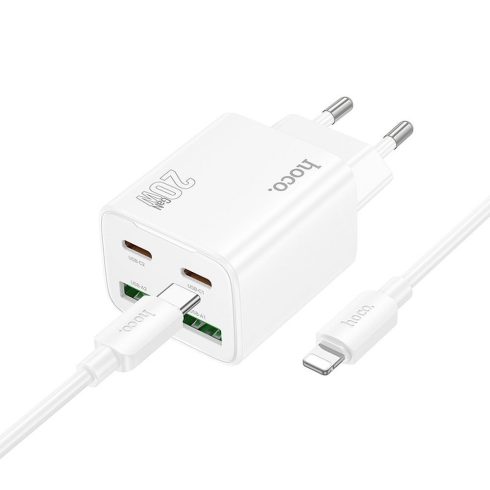Telefontöltő Hoco 2 x USB C + 2 x USB A QC3.0 PD 3A 20W + USB C kábel és Lightning N55 white-hoz
