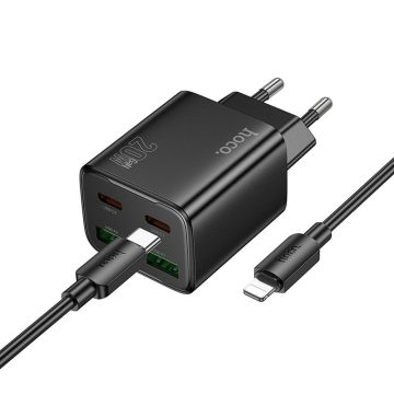   Telefontöltő Hoco 2 x USB C + 2 x USB A QC3.0 PD 3A 20W + USB C kábel Lightning N55 fekete