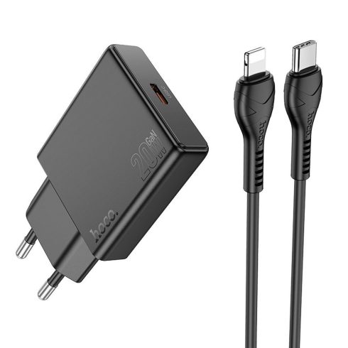 Telefontöltő Hoco Slim USB C QC PD 30W + USB C kábel Lightning N37 fekete