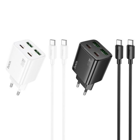 Telefontöltő Hoco 2 x USB C + 2 x USB A QC3.0 PD 3A 30W + kábel USB C - USB C N56 fehér