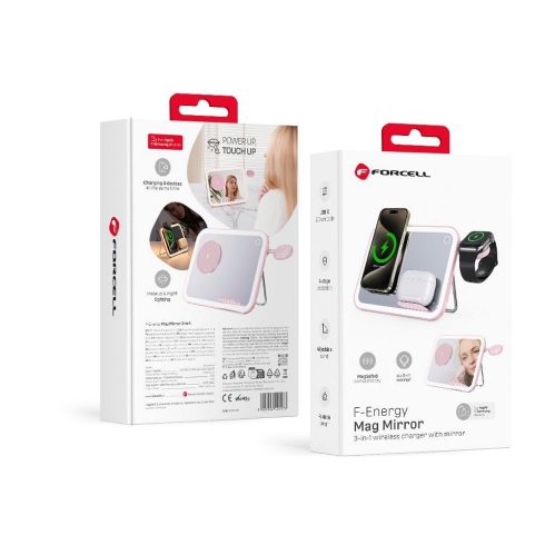 FORCELL F-ENERGY Mag Mirror 15W 3 az 1-ben vezeték nélküli töltő kompatibilis MagSafe / Apple Watch / Samsung Watch / Airpods rózsaszín