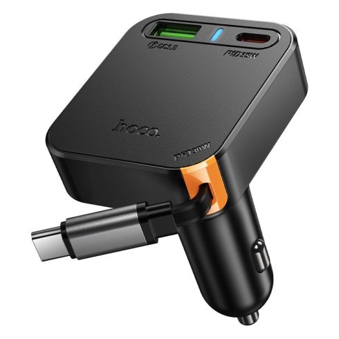 Autós töltő Hoco wit visszahúzható kábel 2 x USB C + USB A QC PD 65W NZ18 fekete