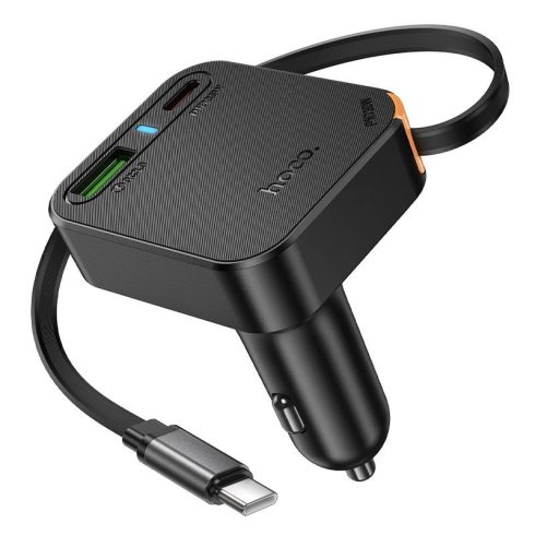 Autós töltő Hoco wit visszahúzható kábel 2 x USB C + USB A QC PD 65W NZ18 fekete