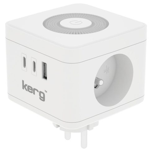KERG Smart 2-aljzatos táp kocka + USB-A + USB-C töltő + LED lámpa 16A/250V~ fehér