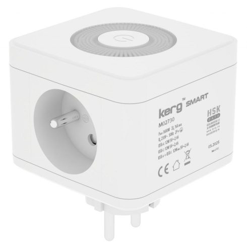 KERG Smart 2-aljzatos táp kocka + USB-A + USB-C töltő + LED lámpa 16A/250V~ fehér