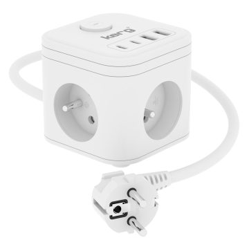   KERG 3-aljzatos táp kocka + USB-A+USB-C töltő 1,5m 3×1,5mm2 H05VV-F 16A/250V~ Intelligens fehér