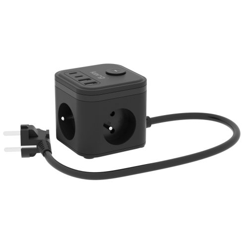 KERG 3-aljzatos tápkocka + gyorstöltő USB-A+USB-C 1,5m 3×1,5mm2 H05VV-F 16A/250V~ Smart black