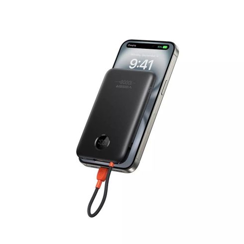 Powerbank 10000 mAh beépített kábellel USB C QC3.0 PD 2A 22,5W K1C W1189 fekete