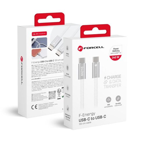 Cable USB C to USB C Forcell F-Energy QC4.0 PD 5A 240W Cafule Flat 1,2m CCFN23 white
