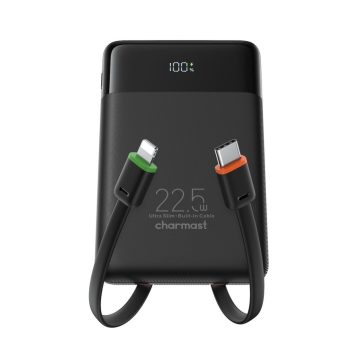   Powerbank Charmast W1202 PD3.0 3A 22,5W 10000 mAh beépített kábelekkel USB C / villámfekete