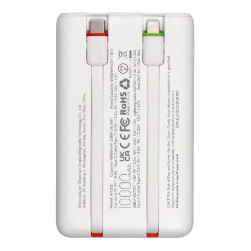 Powerbank Charmast W1202 PD3.0 3A 22,5W 10000 mAh with built-in cables USB C / Lightning white