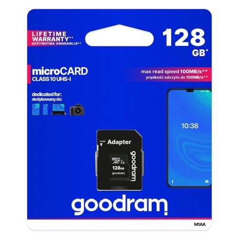 GOODRAM memóriakártya microSD 128GB 100MB/s Class 10 UHS I adapterrel SD