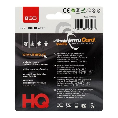 IMRO memóriakártya microSD 8GB SD adapterrel